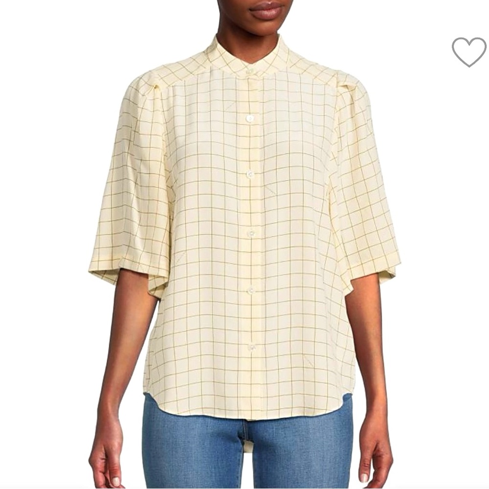 NEW Size Medium Equipment Collarless Checkered Short Sleeve 100% Silk Blouse